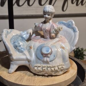 Vintage Ceramic Lady Figurine with Pink and Blue Accents